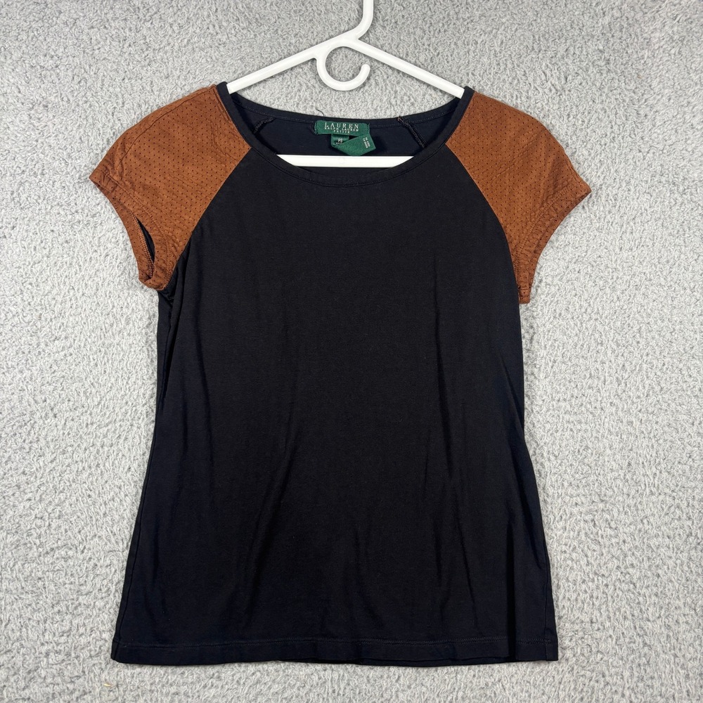 Lauren Ralph Lauren Top Womens PS Black Brown Raglan Perforated Faux Suede Crew